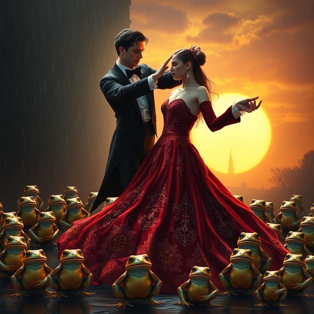 Ethereal Ballroom Dance Amidst Whimsical Frogs in a Rainy Su...