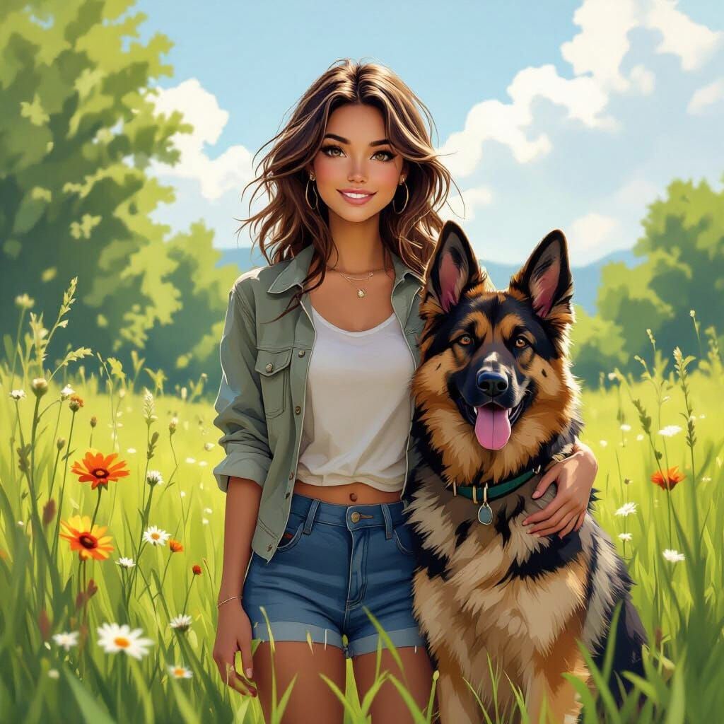 Brunette and German Shepherd in Lush Meadow