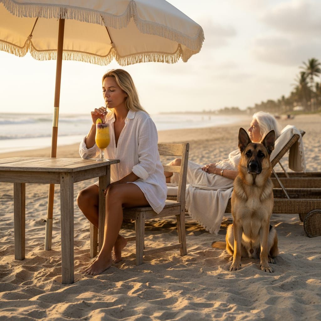 Relaxing Beach Scene with Passion Fruit Smoothie and Dog