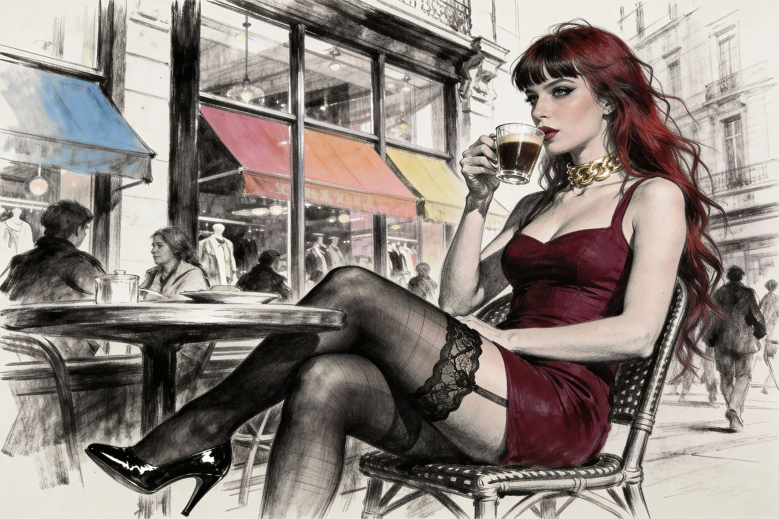 Red Haired Woman at Cafe in Flemish Expressionist Charcoal S...