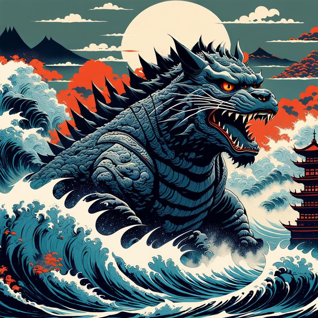 Catzilla Takes Over the Waves: Japanese Woodblock Art