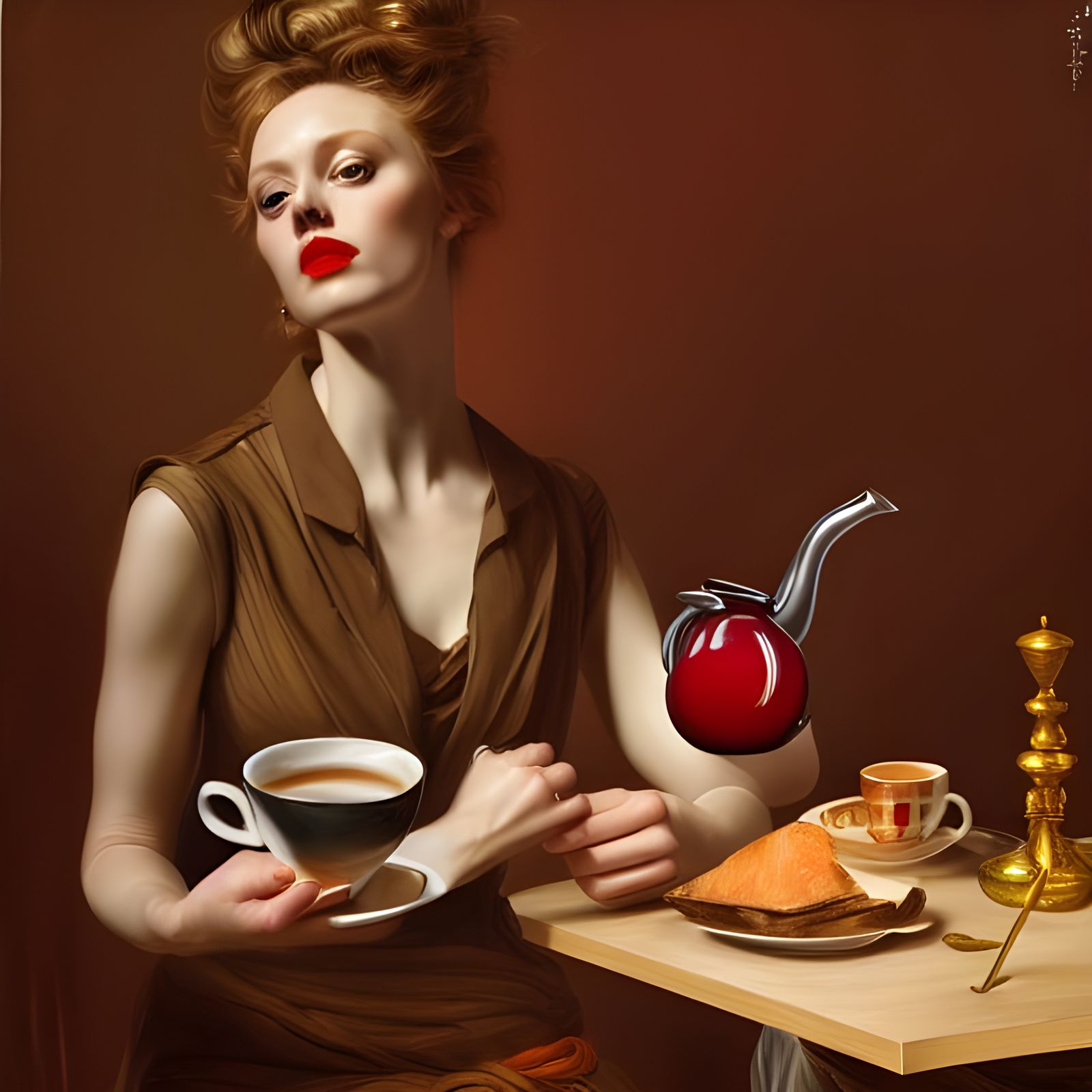 Beautiful Woman Enjoying Tea in Dreamy Cafe