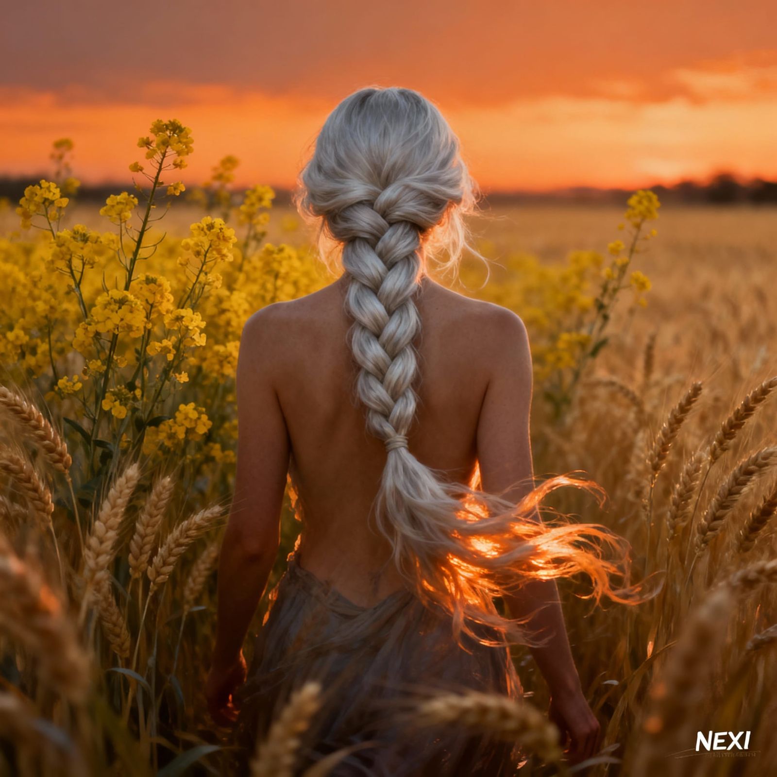 Woman in Golden Wheat Field at Dusk