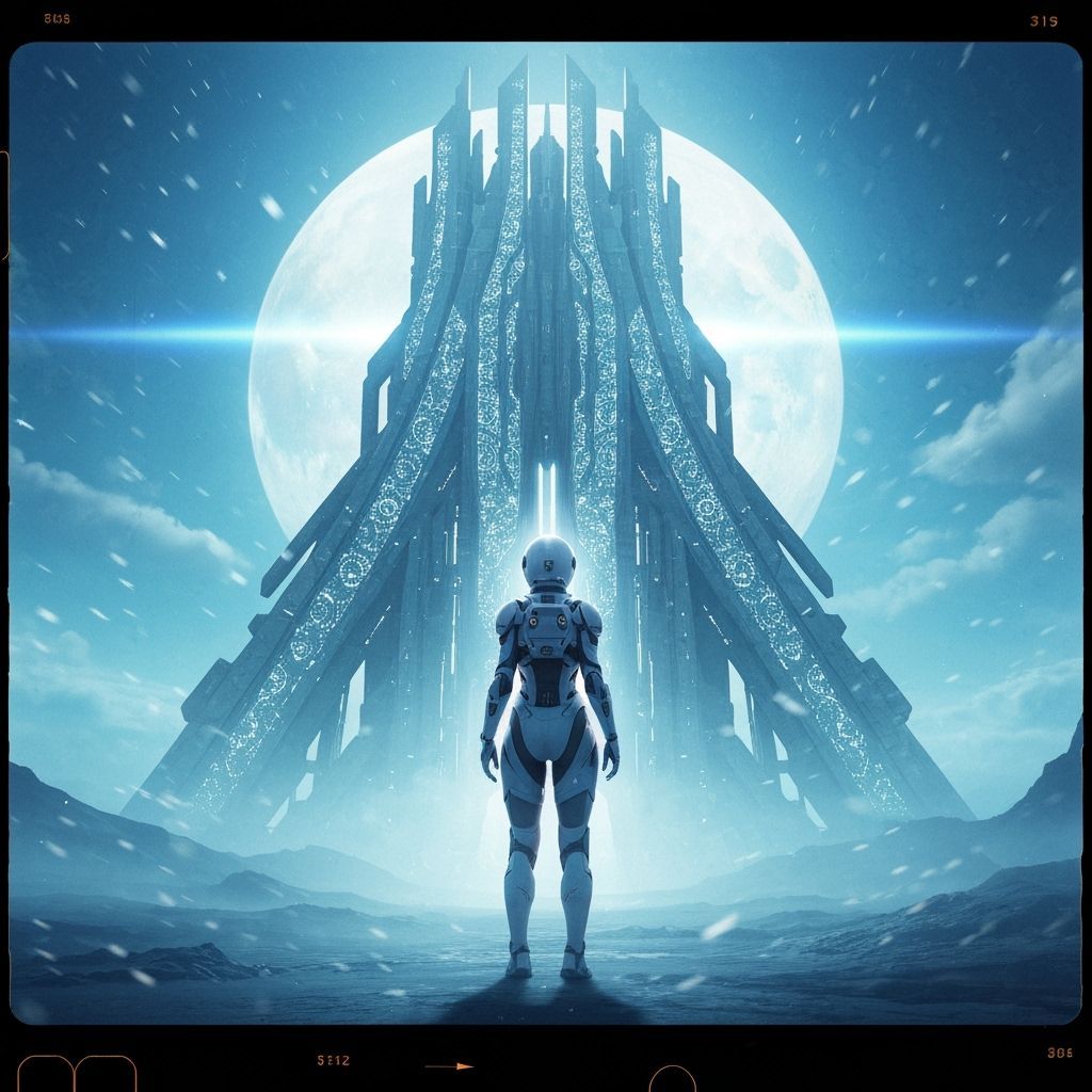 Astronaut and Alien Structure on Desolate Planet