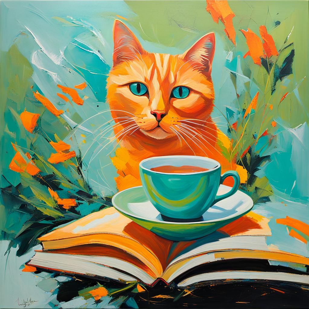 Abstract Impasto Painting of Morning Tea with Cat