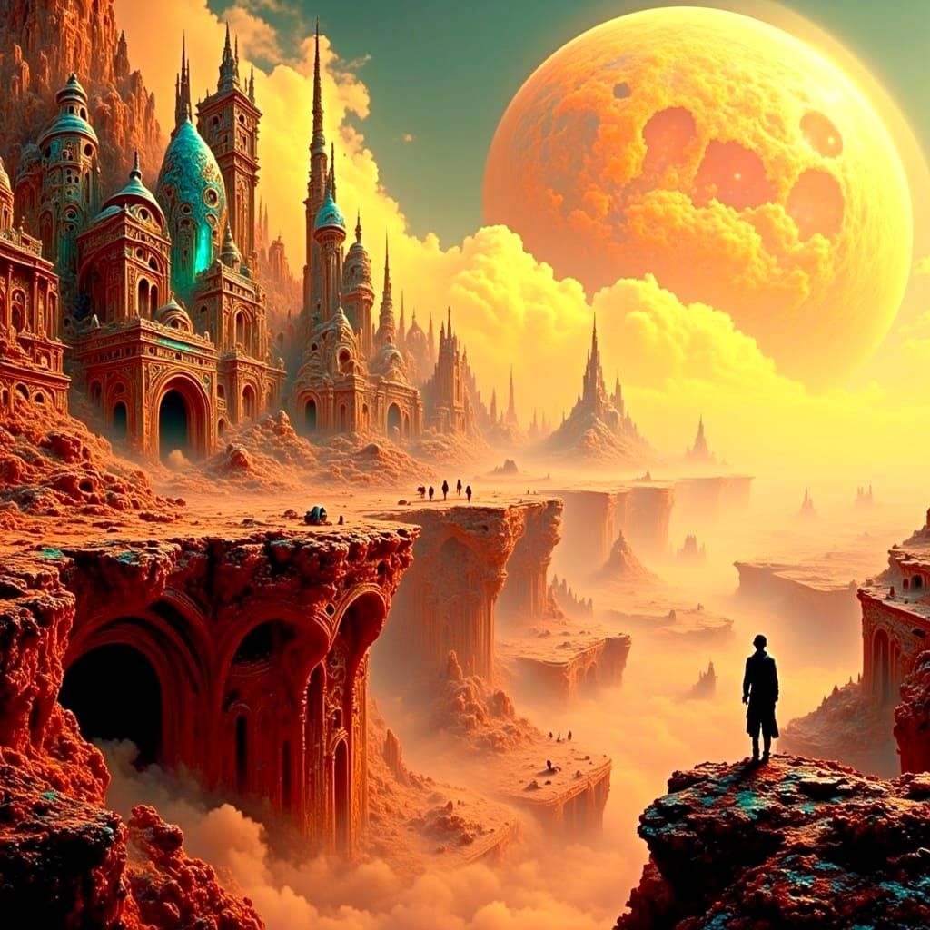 Romantic Martian Cityscape on a Cliff in Neon Hues