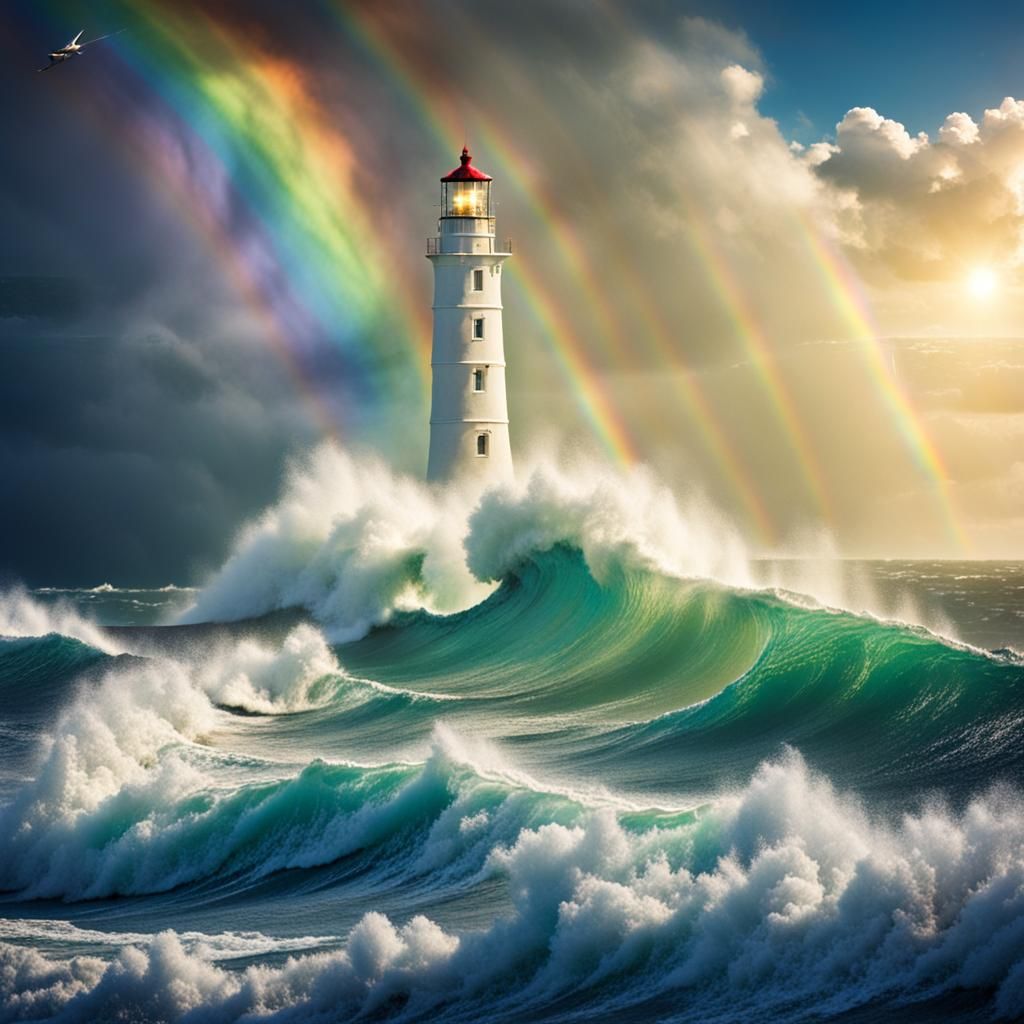 Fishing Boat Braving Storm with Rainbow and Lighthouse
