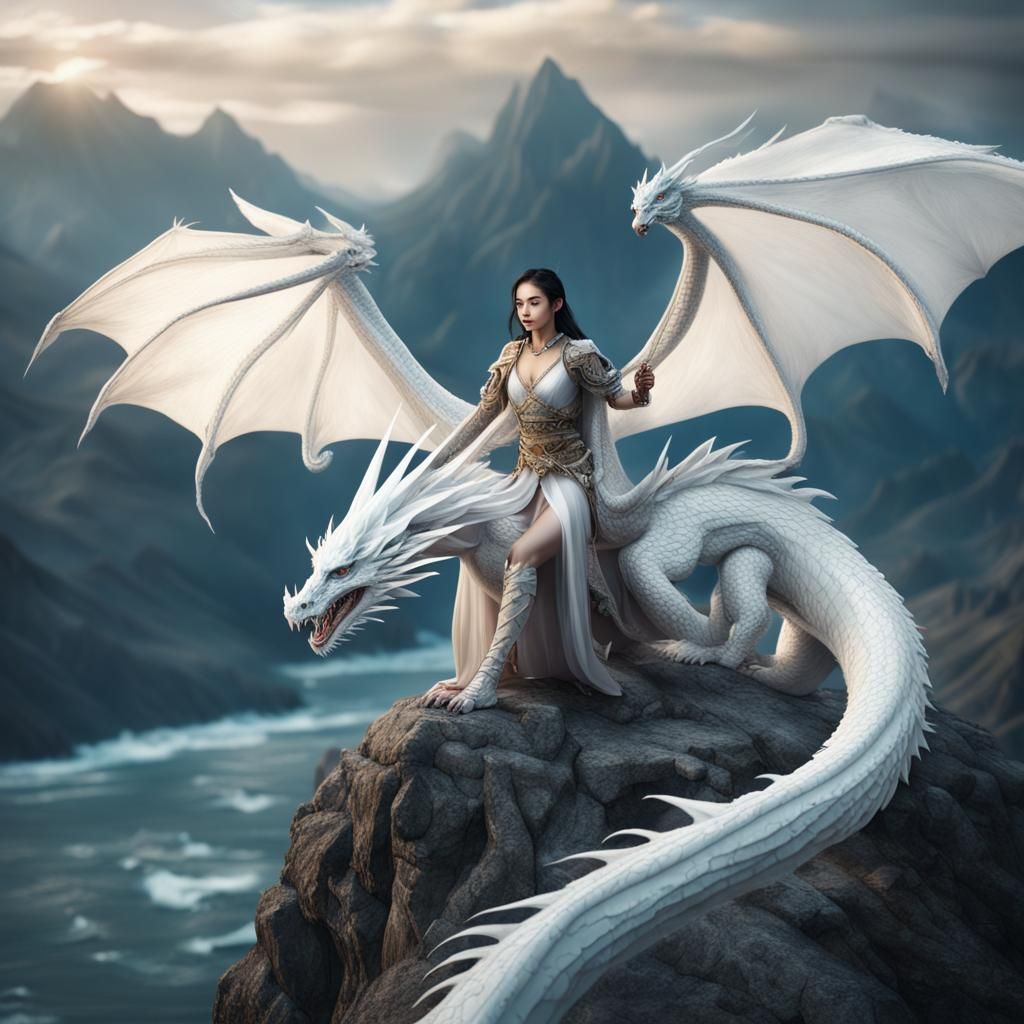 Asian Sorceress Rides White Dragon Above the Sea