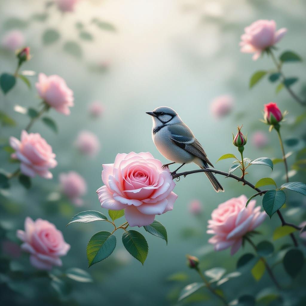 Enchanted Rose Garden with Bird in Dreamy Pastel Colors