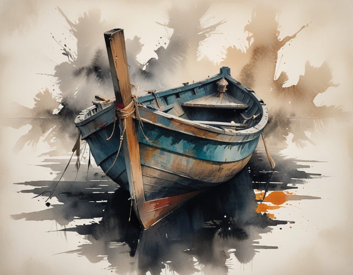 Old Boat at Dock in Vibrant Ink Wash Style