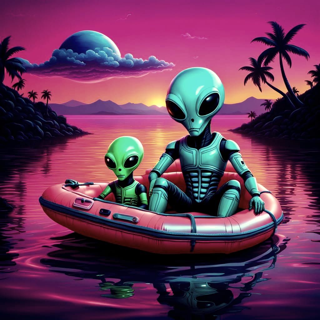 Hyperrealistic Aliens Enjoy Sunset on Ocean