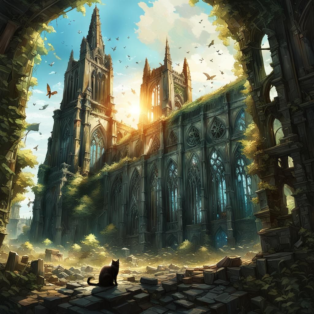 Post-Apocalyptic Cathedral Ruins on Sunny Day