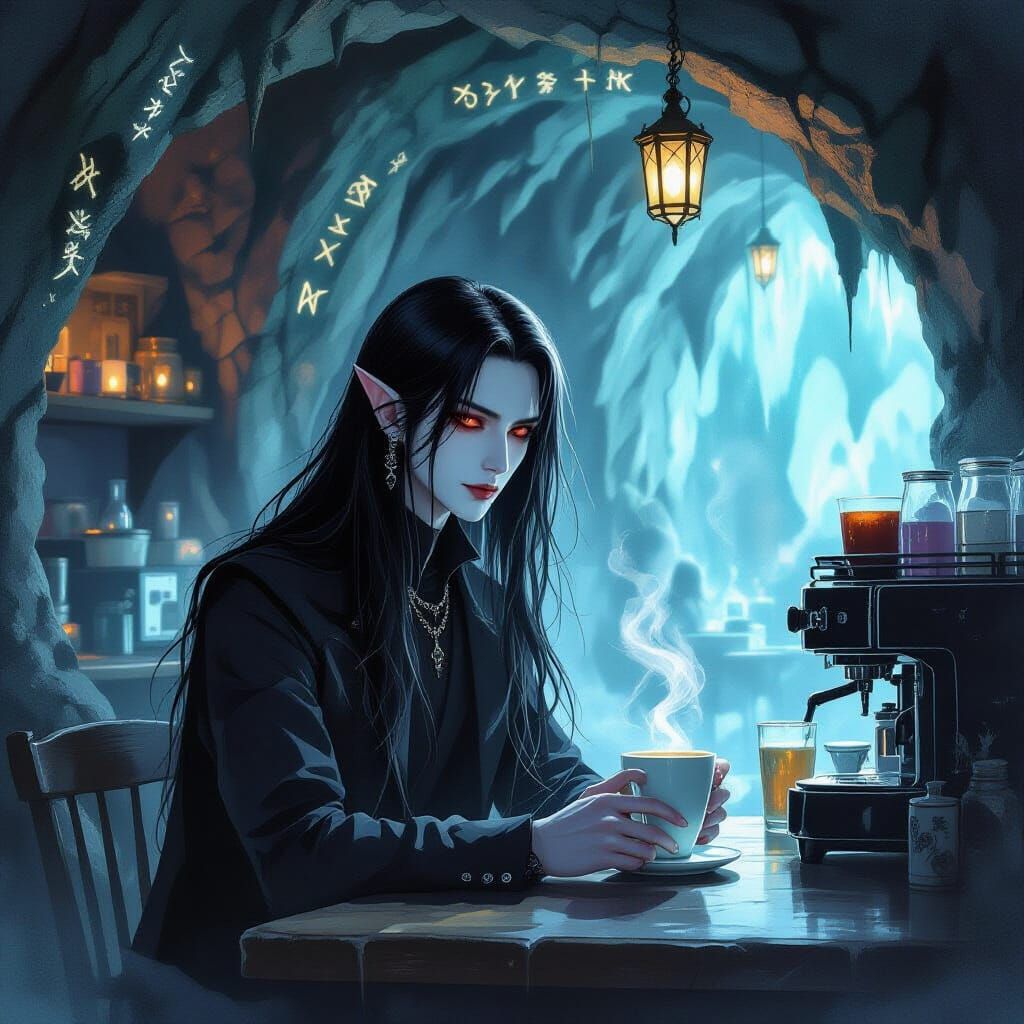 Ethereal Vampire Barista in a Spooky Cafe