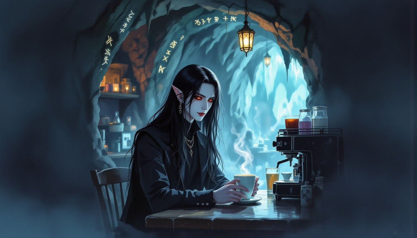 Ethereal Vampire Barista in a Spooky Cafe