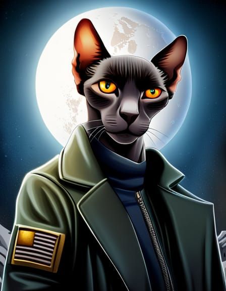Realistic Sphinx Cat-Human Hybrid in Military Attire