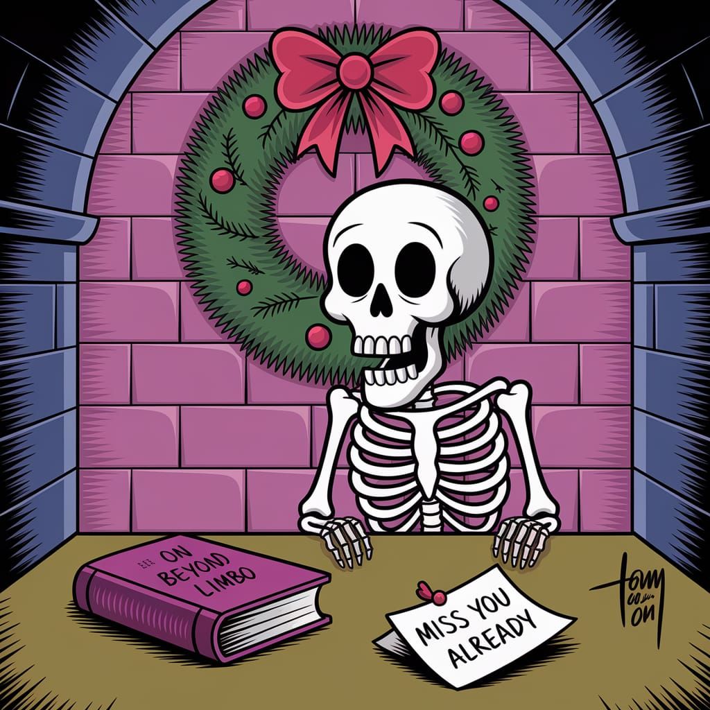 Skeleton Crypt Scene with Christmas Wreath