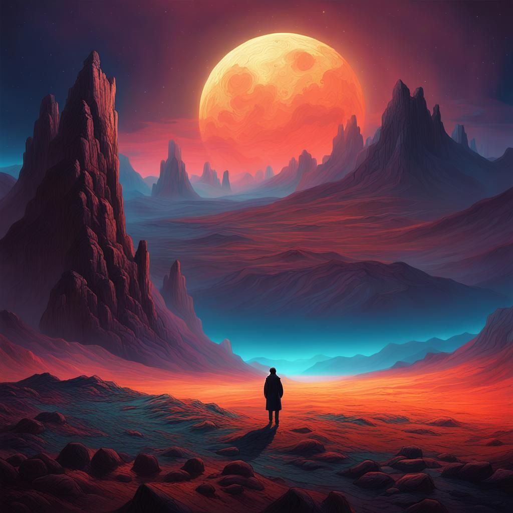 Moonlit Figure in Ethereal Fantasy Landscape