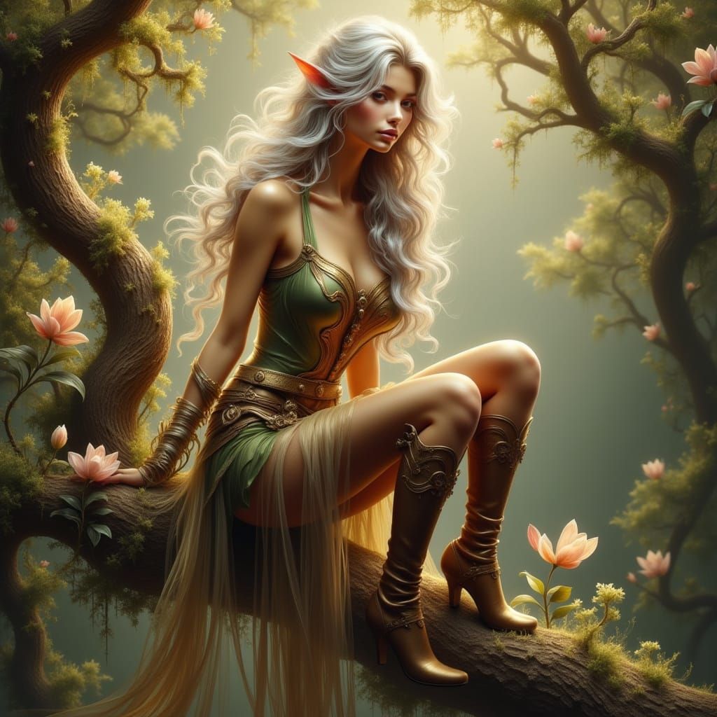 Retro-Futuristic Elf in Sun-Kissed Forest