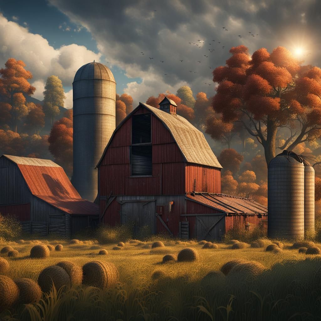 Farm Landscape with Barn and Silo: Matte Painting