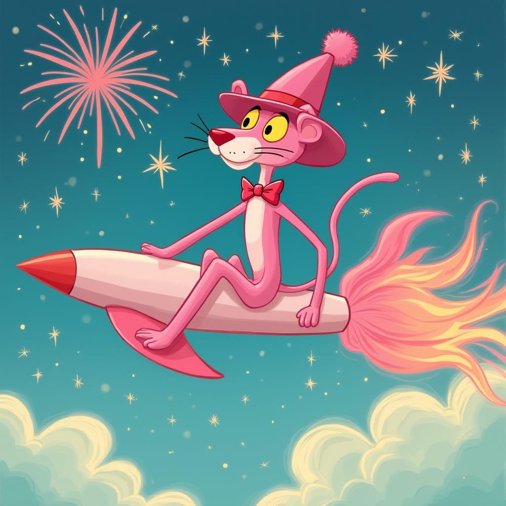 Pink Panther Rides a Firework Rocket, Cartoon Style