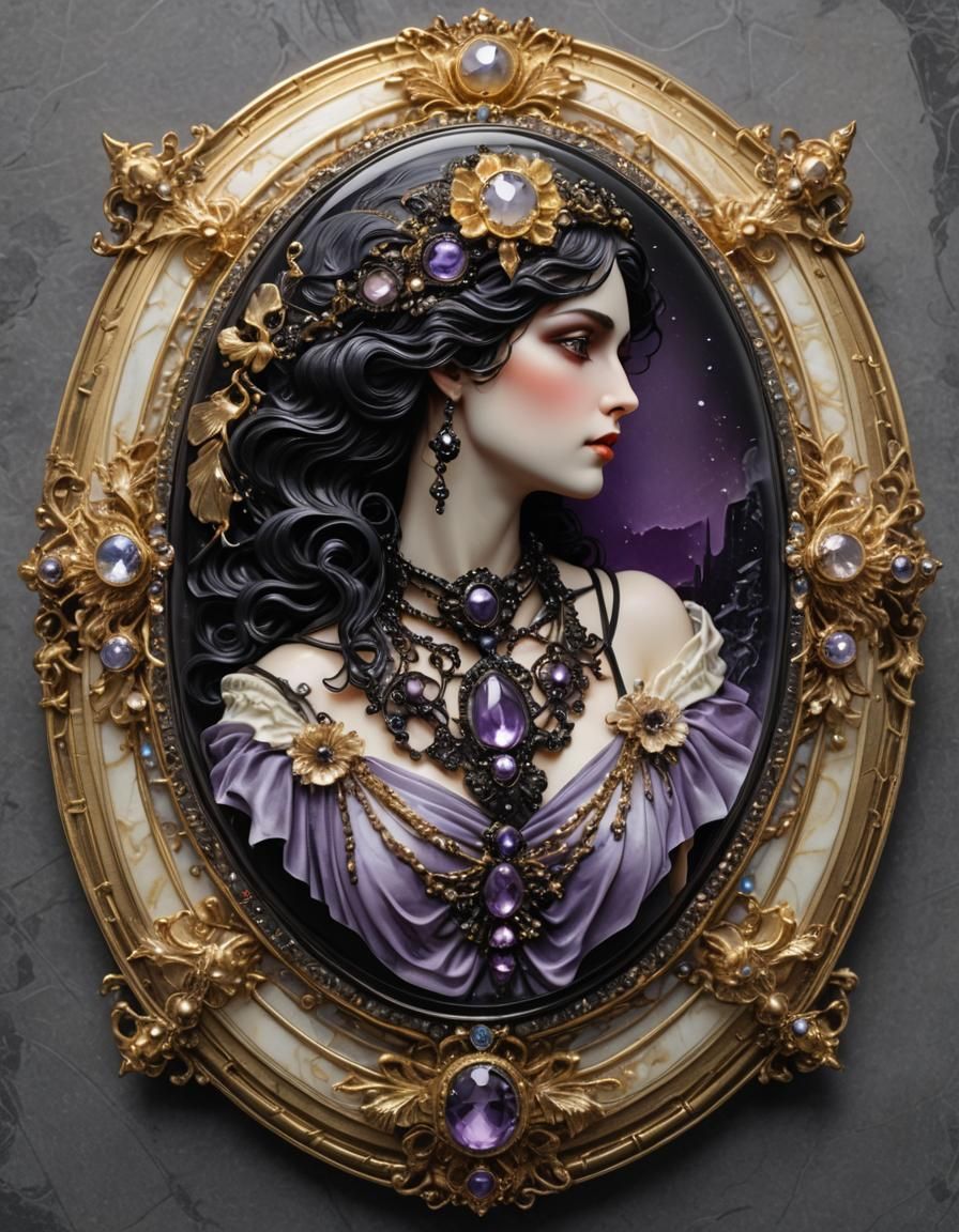 Gothic Gemstone Cameo Brooch in Dark Fantasy Style