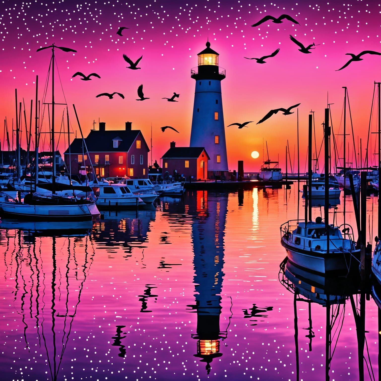 Amazing Neon Sunset With Lighthouse and Sailboats