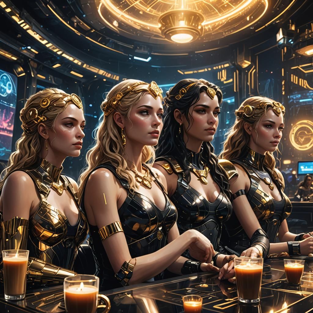 Goddesses in Cyberpunk Cafe: Cinematic Concept Art