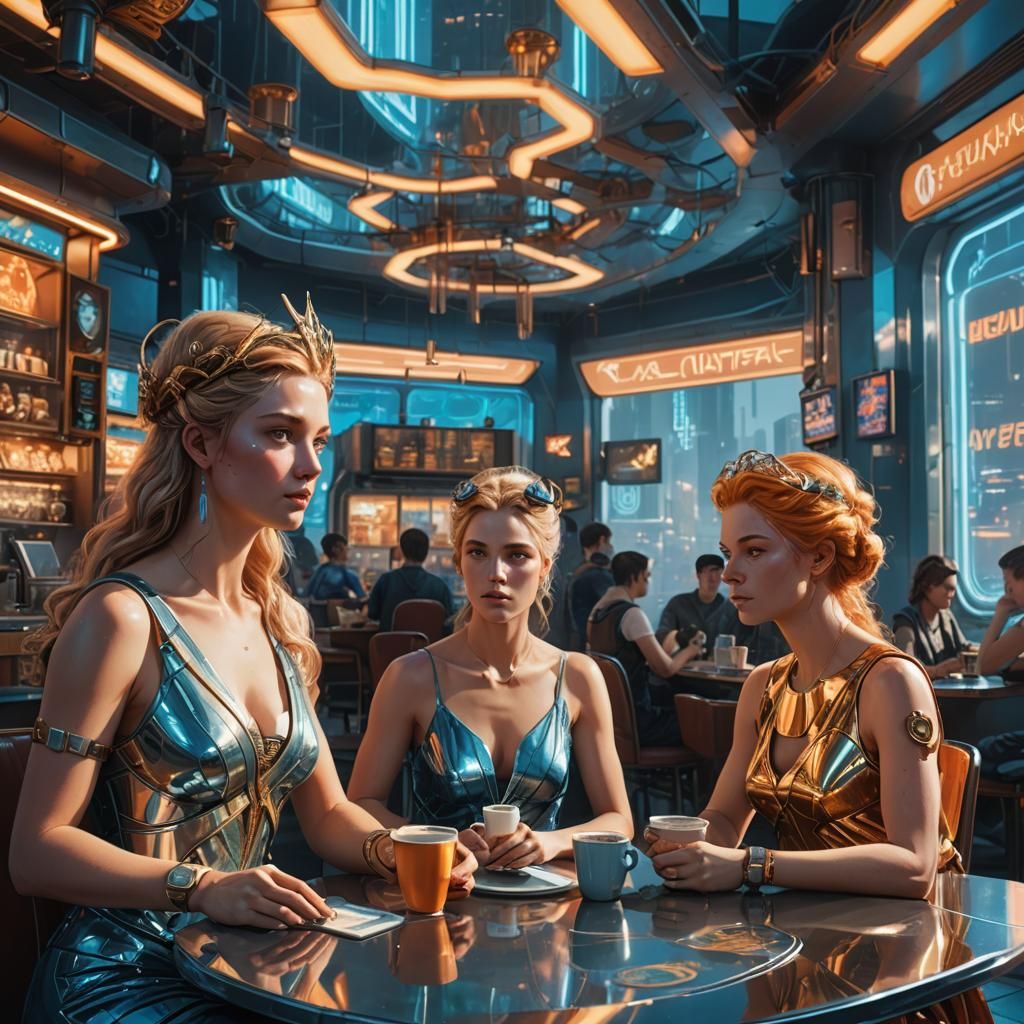 Goddesses in a Cyberpunk Cafe: Digital Art