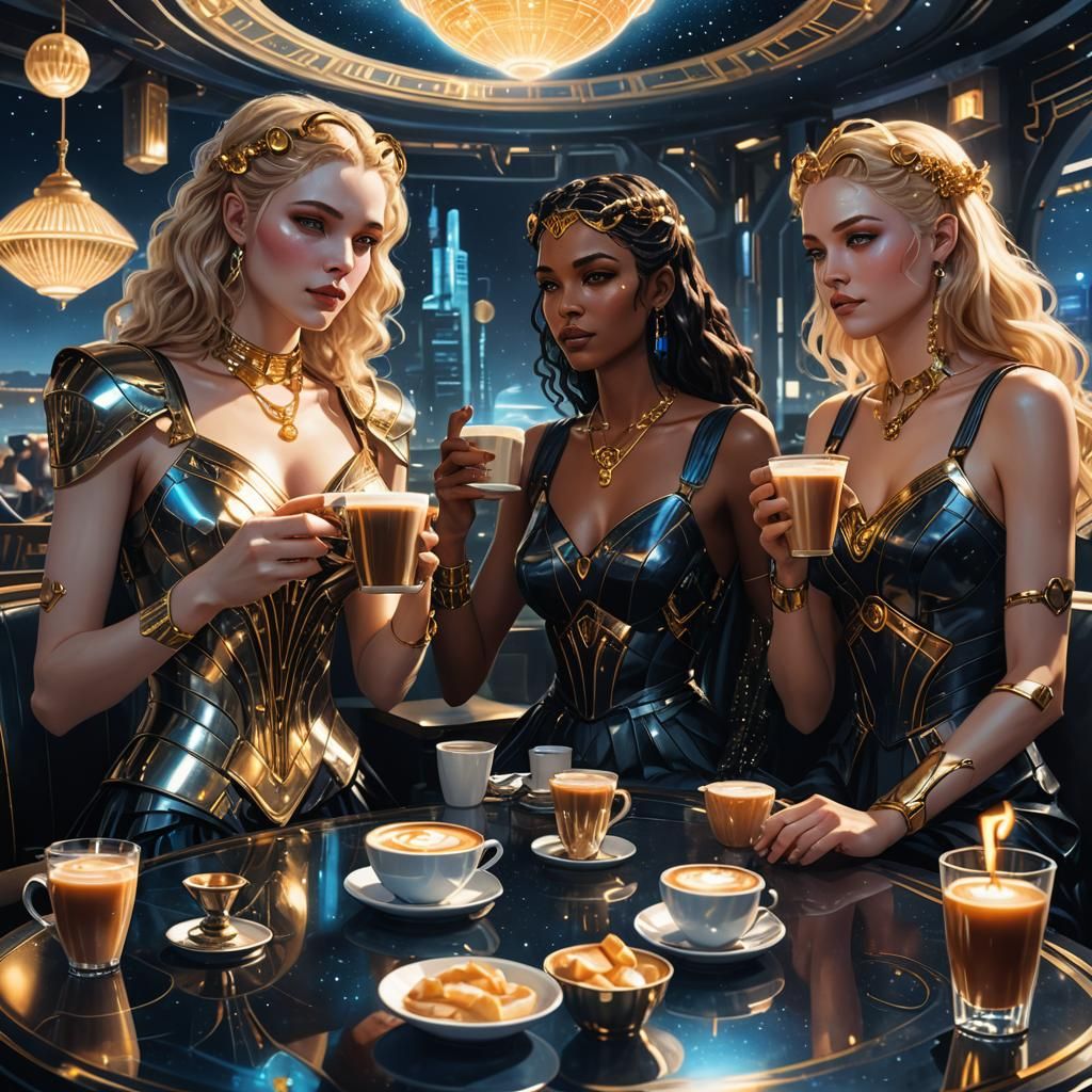 Cyberpunk Goddesses Enjoying Coffee in Neon Cafe