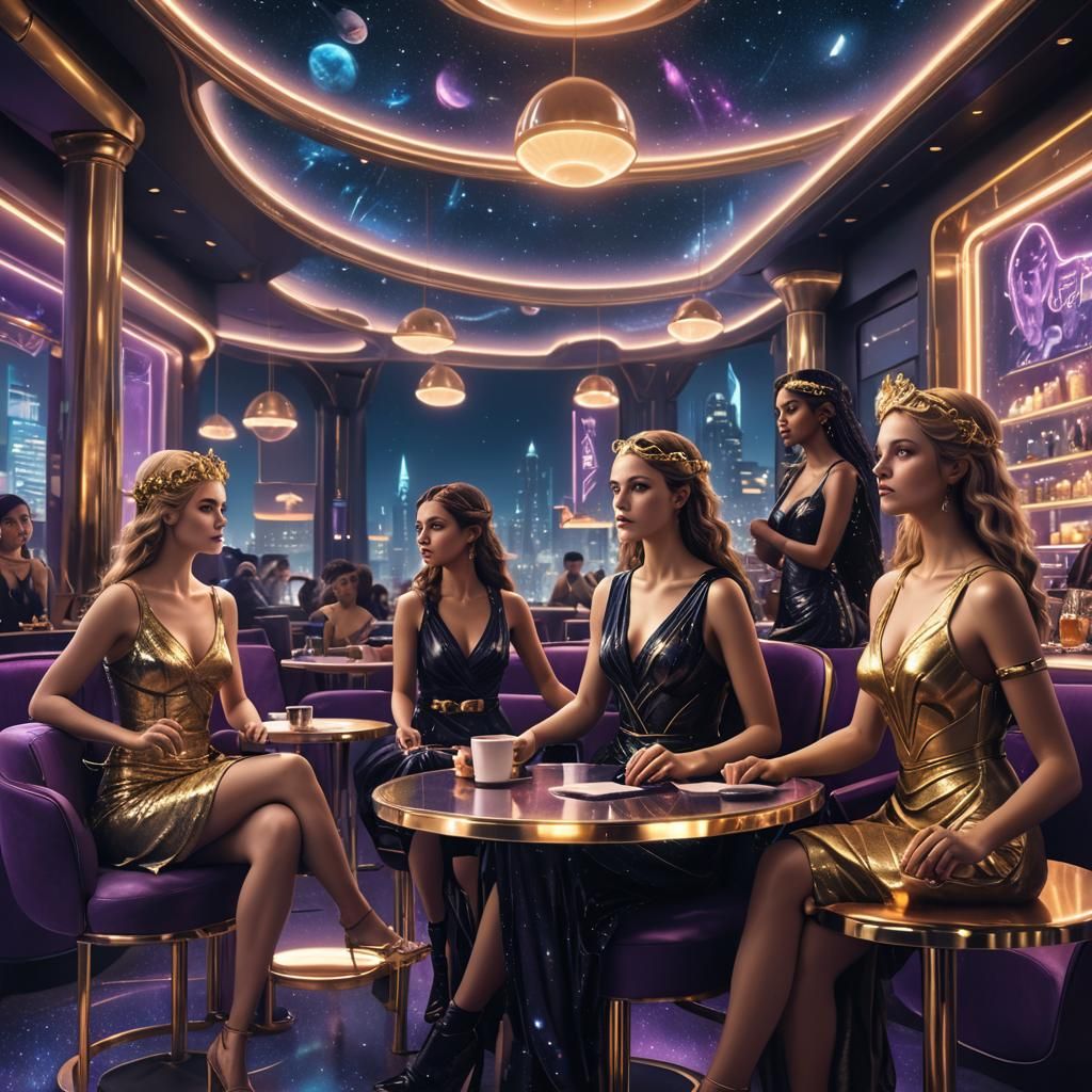 Goddesses at a Futuristic Cafe in Digital Art