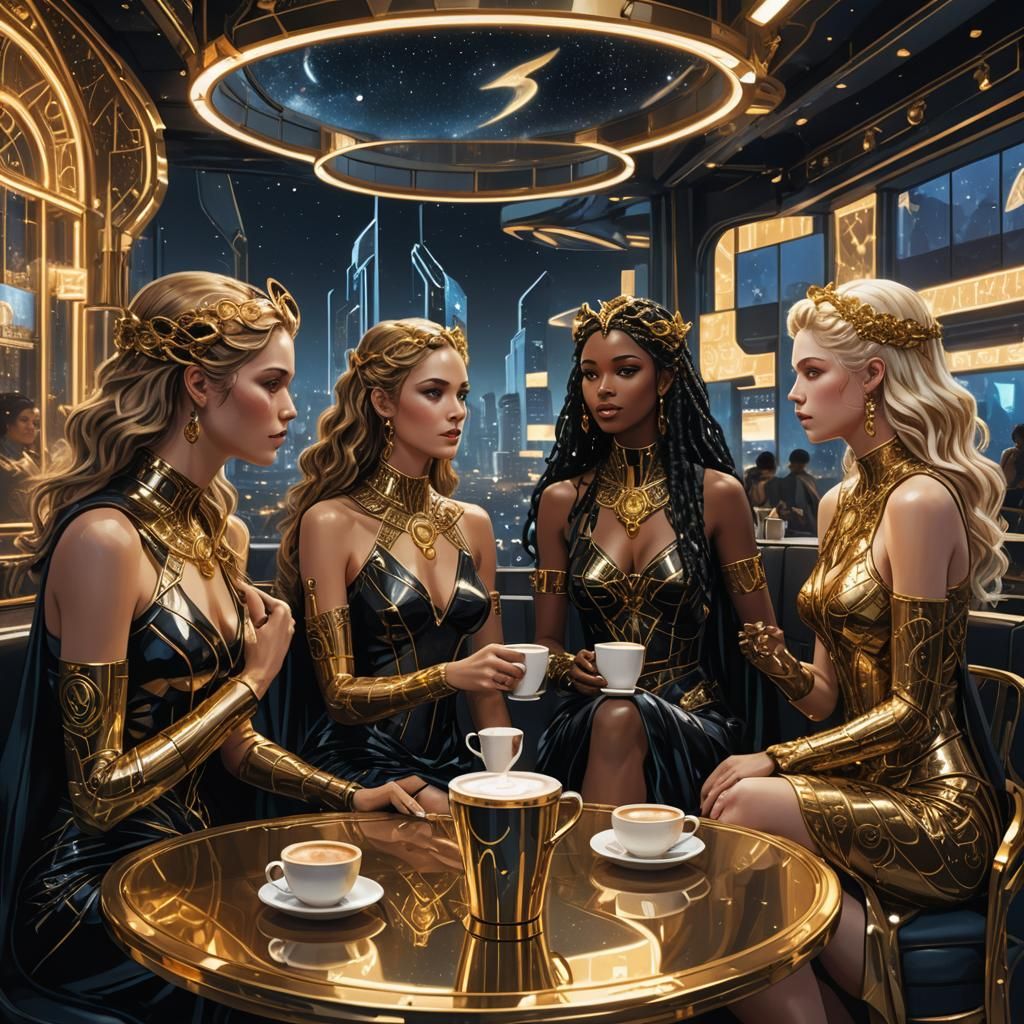Goddesses in Cyberpunk Cafe Concept Art