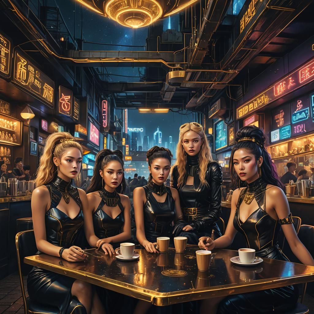 Goddesses in Cyberpunk Cafe: Vibrant Digital Matte Painting