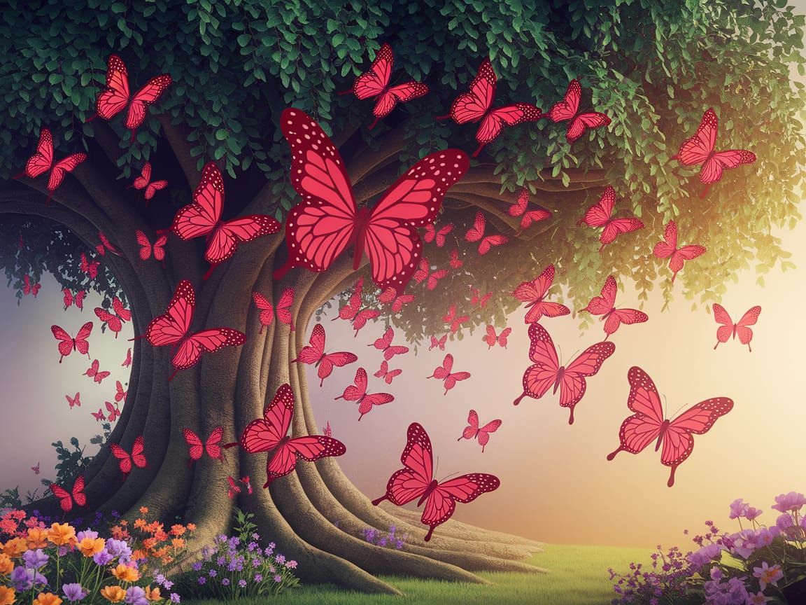Vibrant Fantasy Scene with Shining Red Butterflies