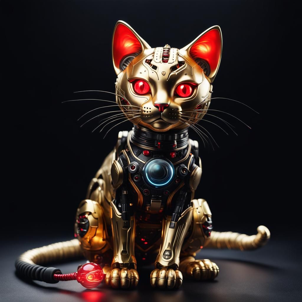 Golden Ceramic Cyborg Cat with Red Eyes