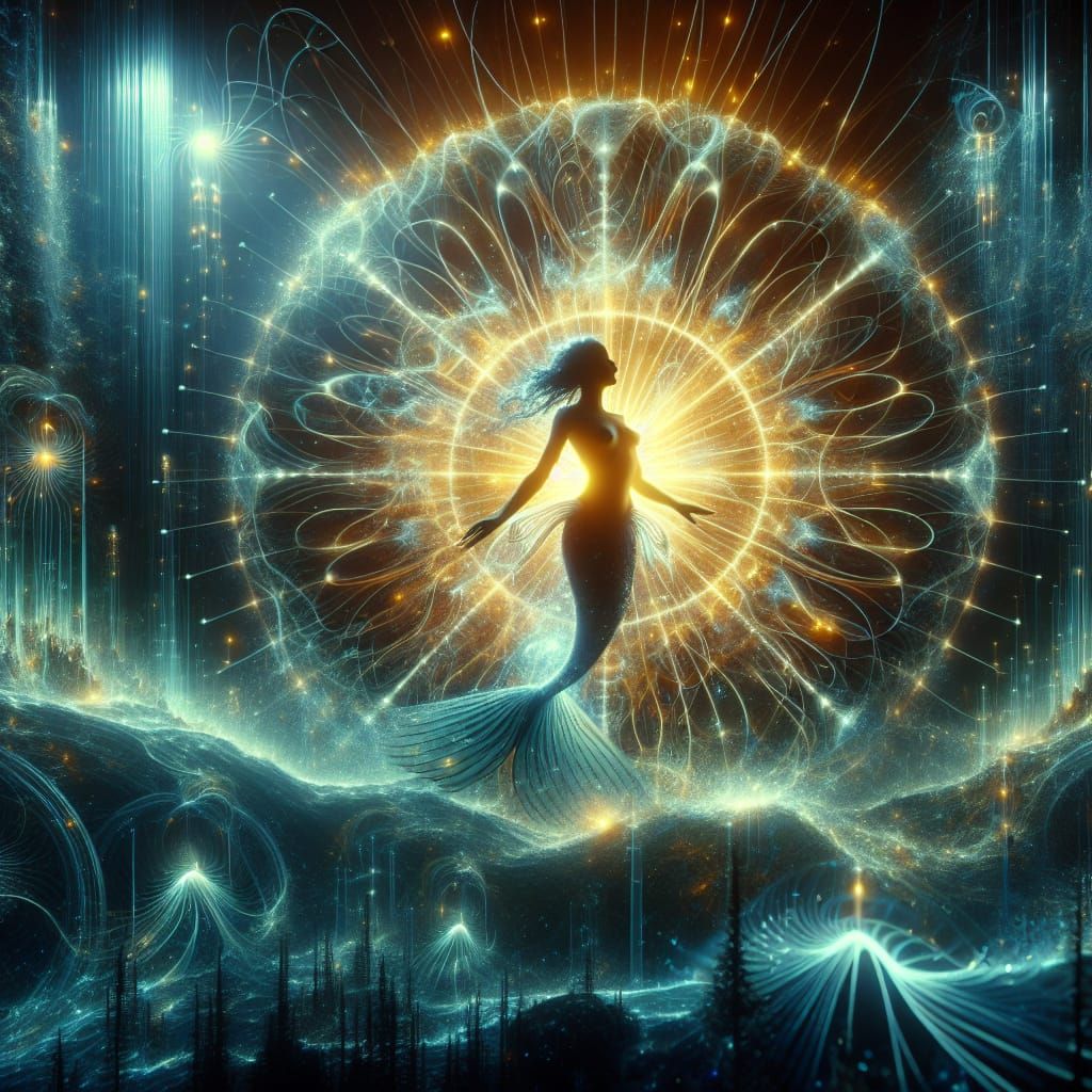 Mermaid with delicate Gaussian electromagnetism luminescent glow, positioned i... Epic cinematic brilliant stunning intr...