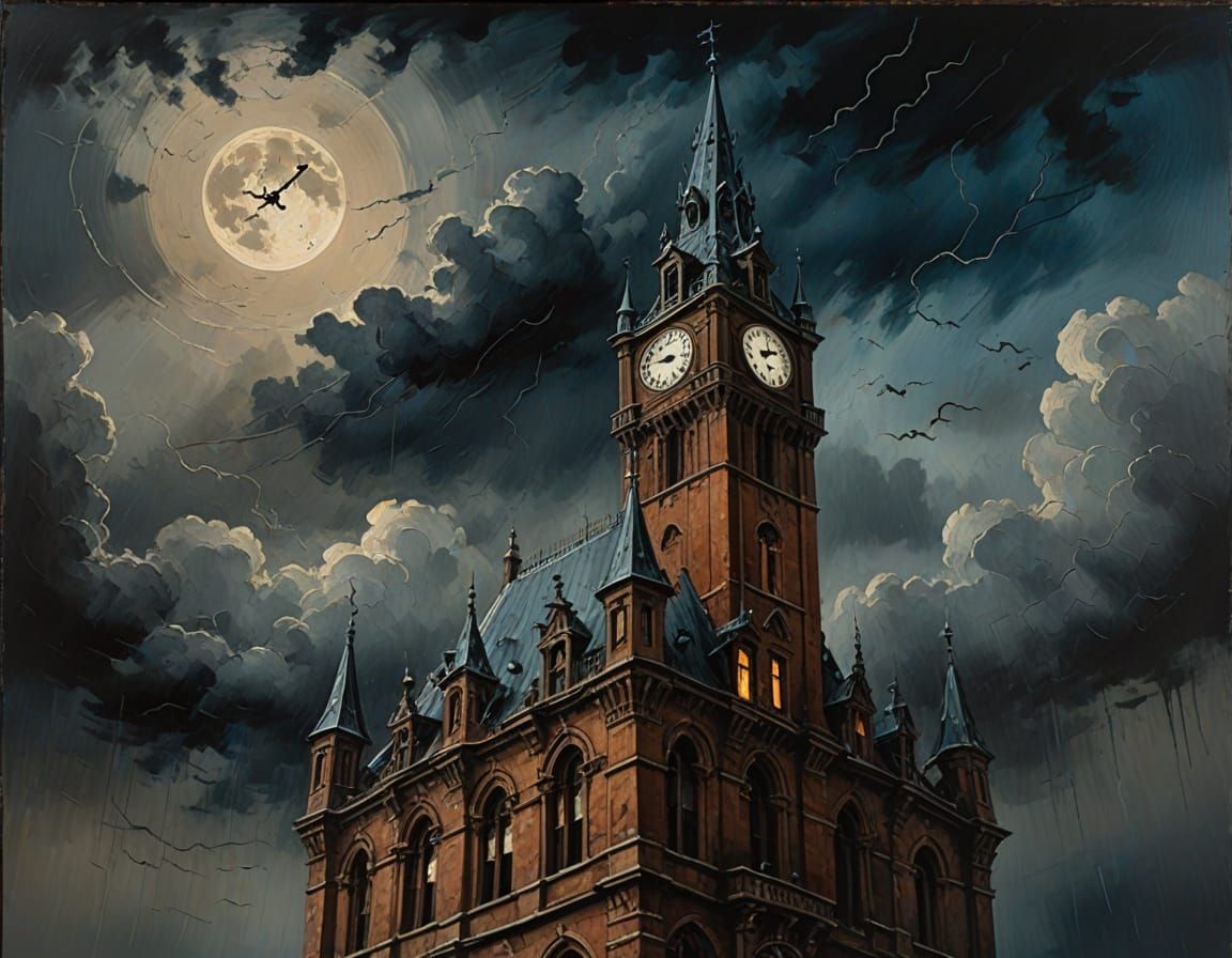 Ethereal Clock Tower Ascends into Turbulent Moonlit Skies in...