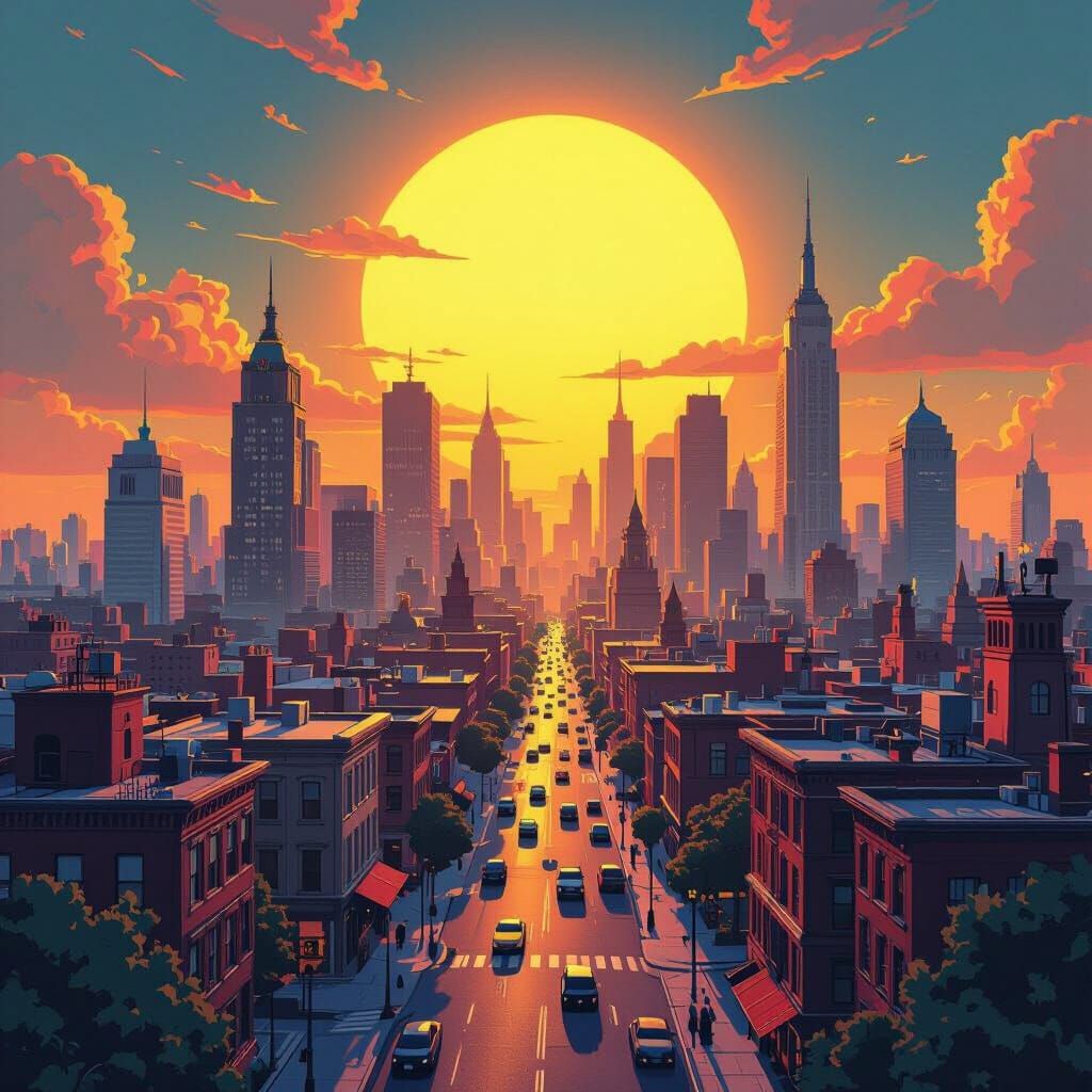 Cartoon Cityscape Under Blazing Sun: 2D Animation