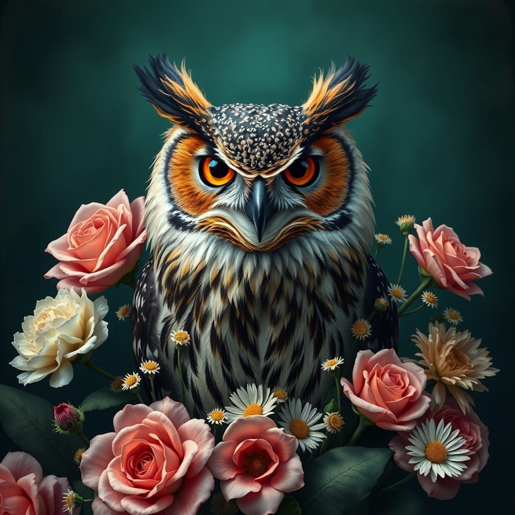 a stately portrait of an eagle owl, front view messy feather...