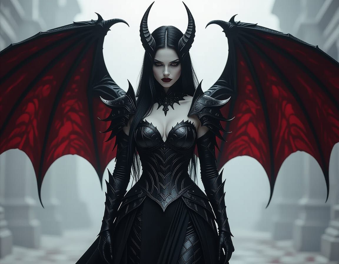 Hyperrealistic Demon in Crimson Armor, Gothic Art