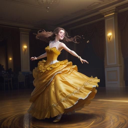 Woman in Yellow Gown Dancing: Hyperdetailed Portrait