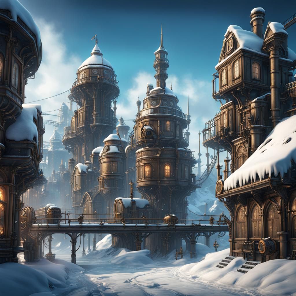 Steampunk City in Frozen Winter Wonderland