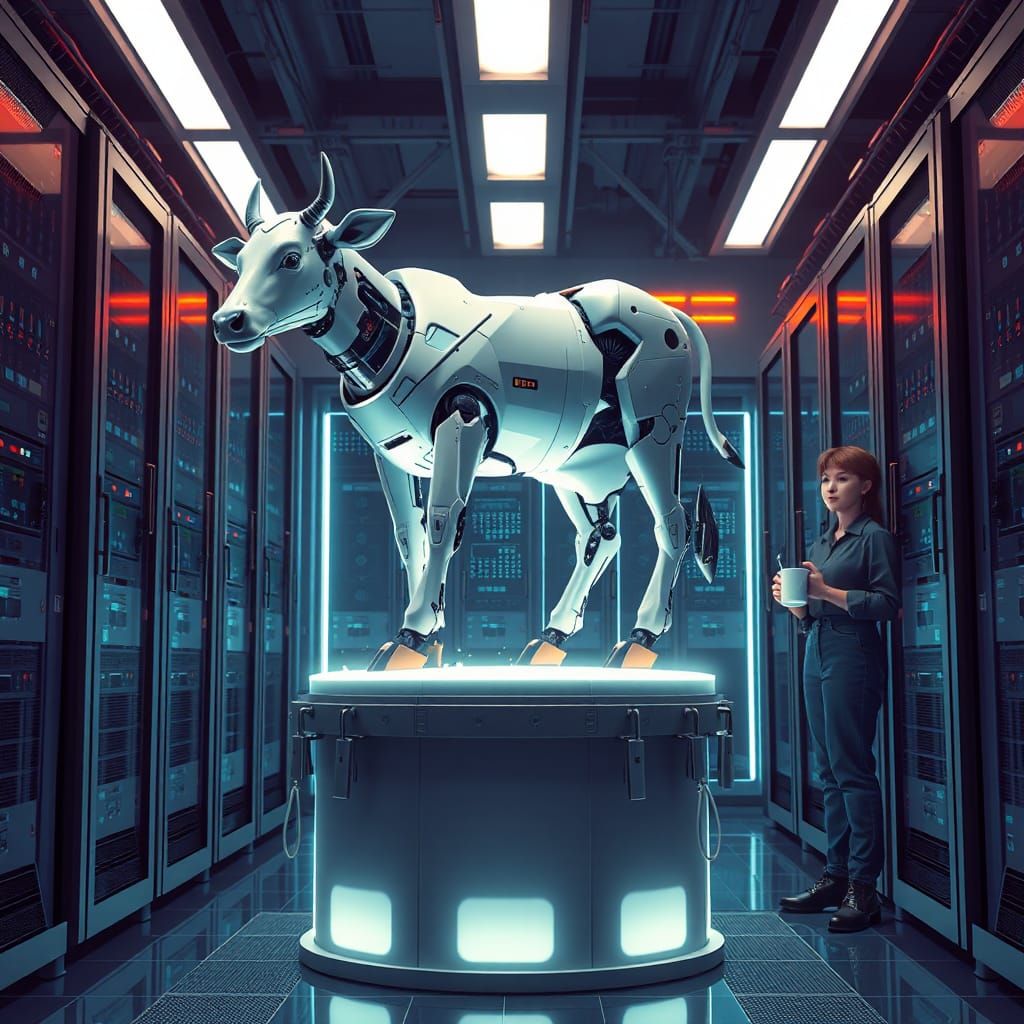 Robotic Cow Dispenses Milk in Cyberpunk Server Room