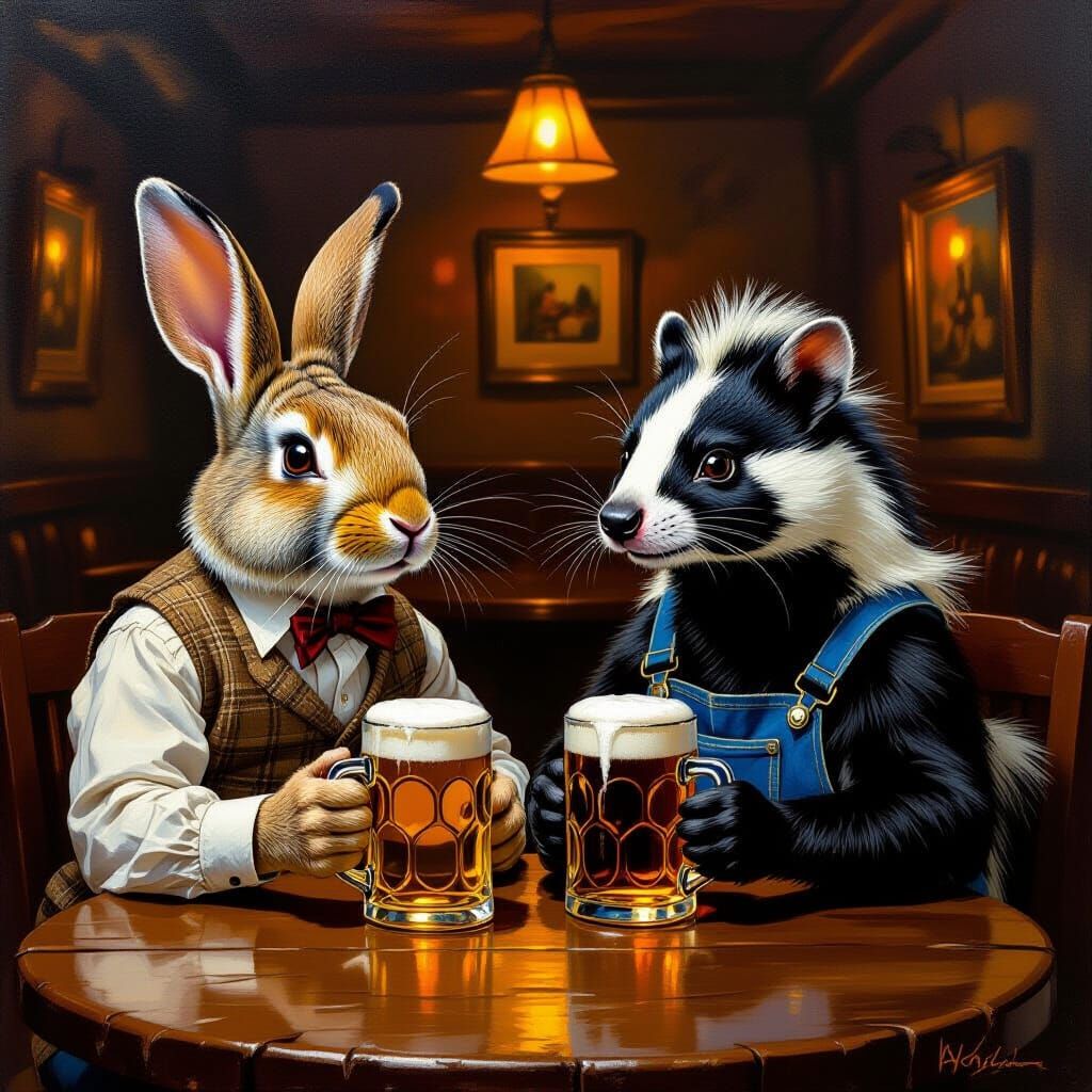 Anthropomorphic Animals Enjoy Beer in Cozy Bar Oil Painting