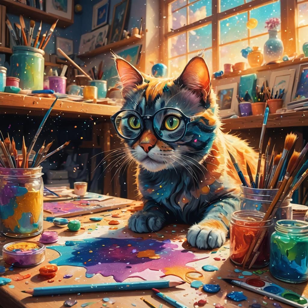 Bespectacled Cat's Whimsical Art Workshop Mess
