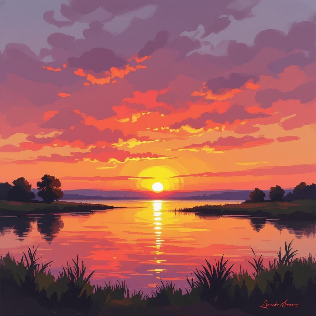 Impressionist Sunset Painting with Golden Glow