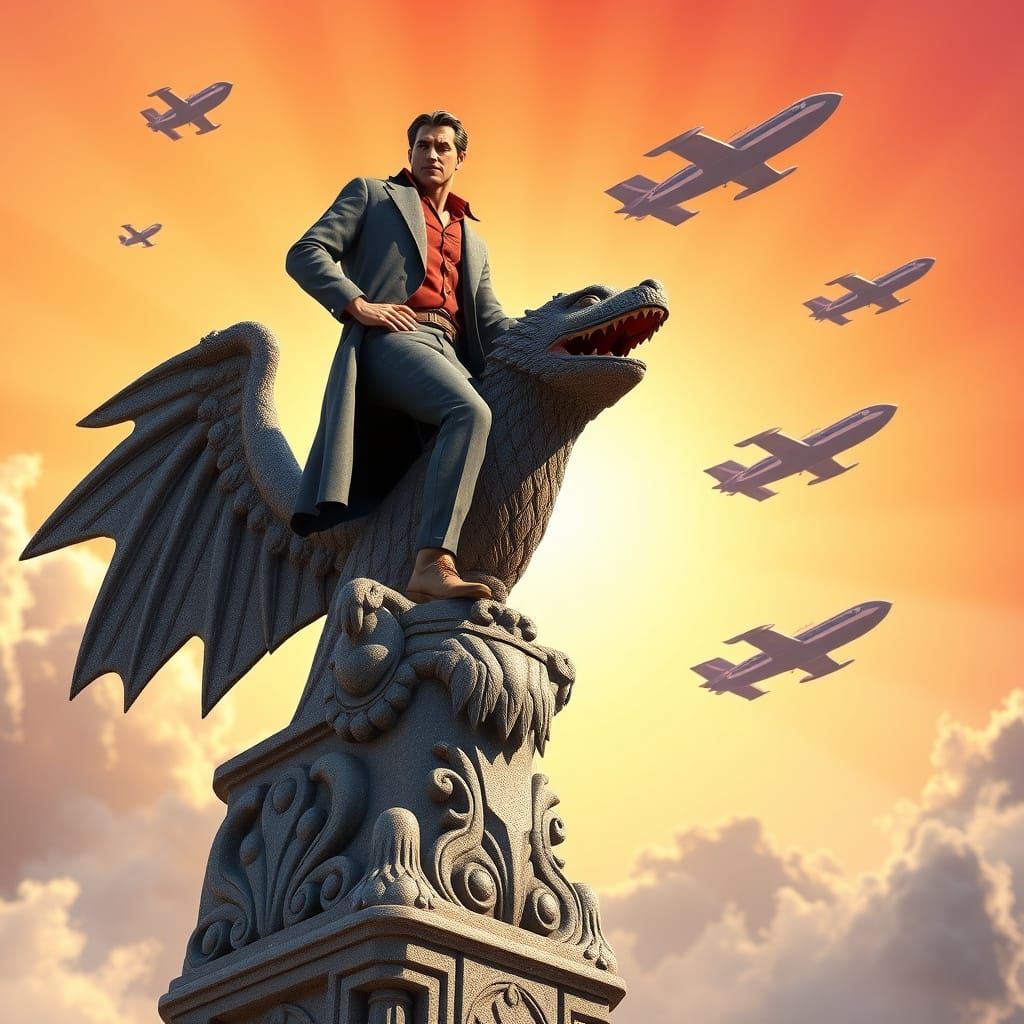 Doc Savage on Art Deco Terrace with Zeppelins