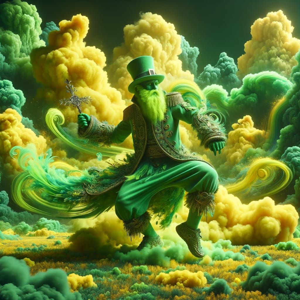 Lime Green Leprechaun Warlord Dances Amidst Radiant Vapors a...