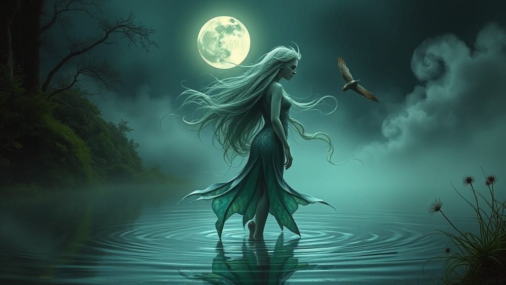 Surreal Water Nymph in Emerald-Green Locks and Iridescent Sc...