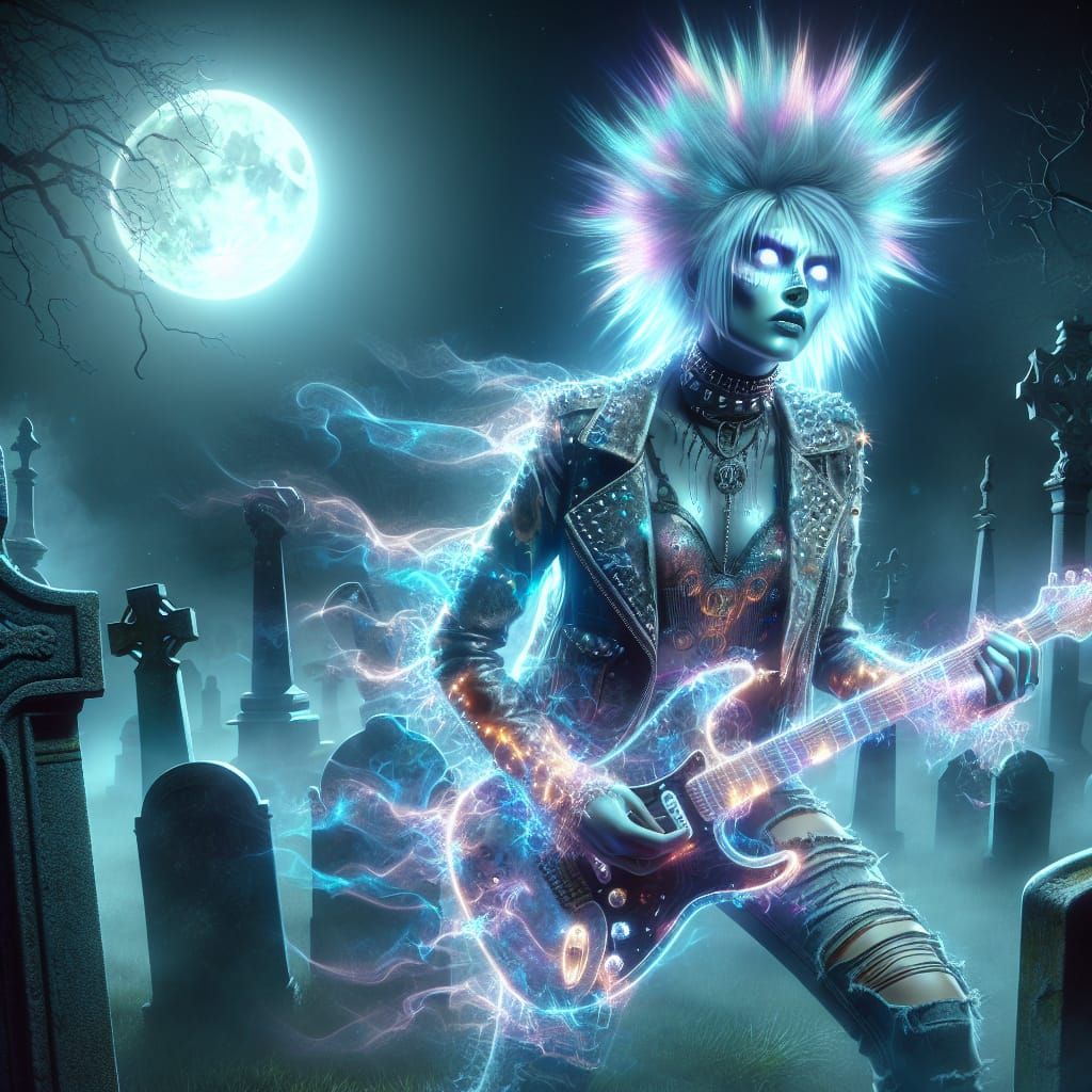 Punk Rock Ghost playing guitar in cemetery