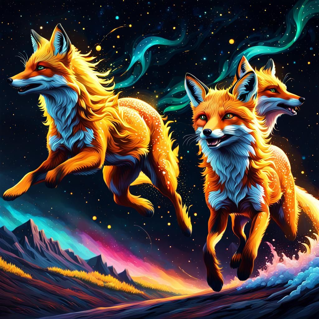 Glowing Foxes Run Under Aurora Borealis